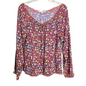 Boden Womens Boho Tie Neck Peasant Top 6 Multicolor Geometric Spots Wide Neck
